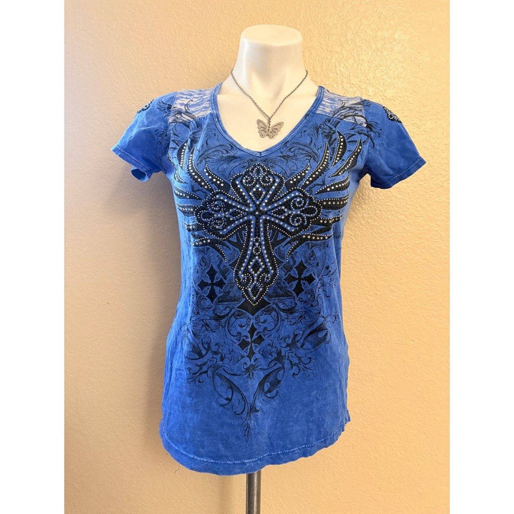 ❌❌❌SOLD❌❌❌Y2K Vocal Blue Mineral Wash Rhinestone Cross Graphic Tee Lace Shoulder